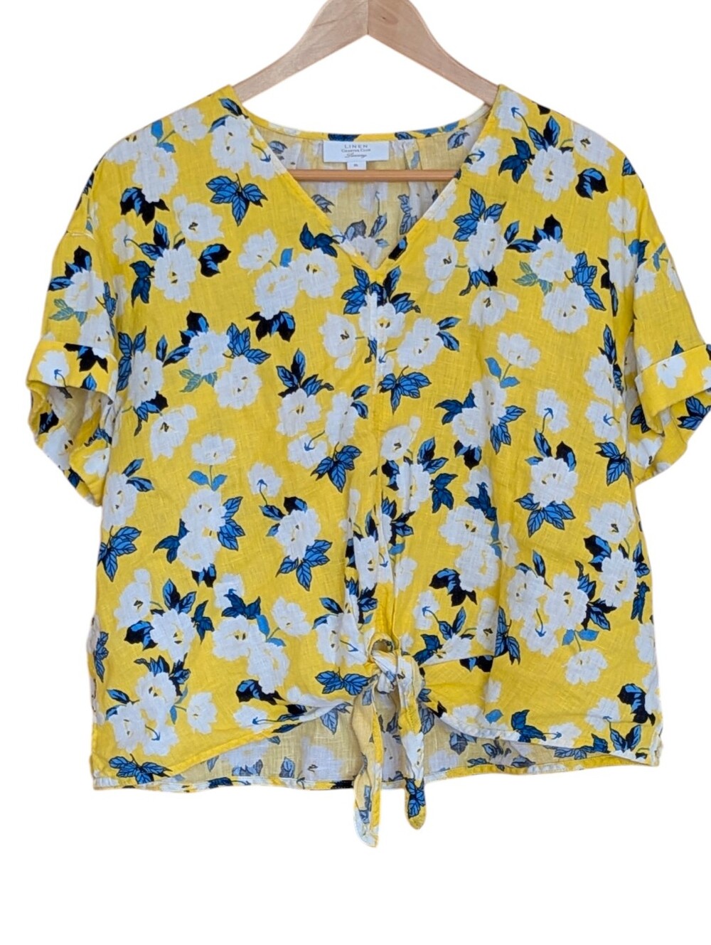 Charter Club Yellow Floral Tie-Front V-Neck Linen Blouse XL Cottagecore Farm
